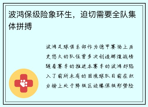 波鸿保级险象环生，迫切需要全队集体拼搏